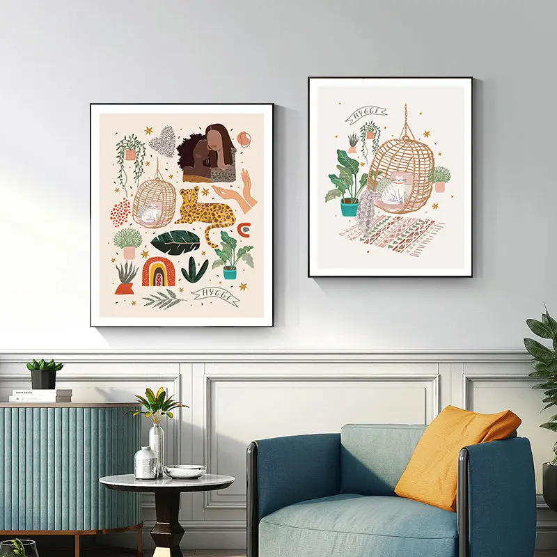 

Fashion Vintage Girl Canvas Painting Abstract Boho Beige Style Wall Art Posters And Prints Animal Plant Pictures for Living Room