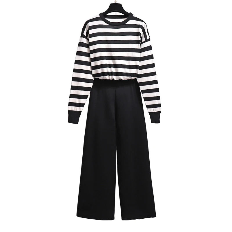

Han edition fashionable striped sweater knitted suits spring new female wide leg pants two-piece