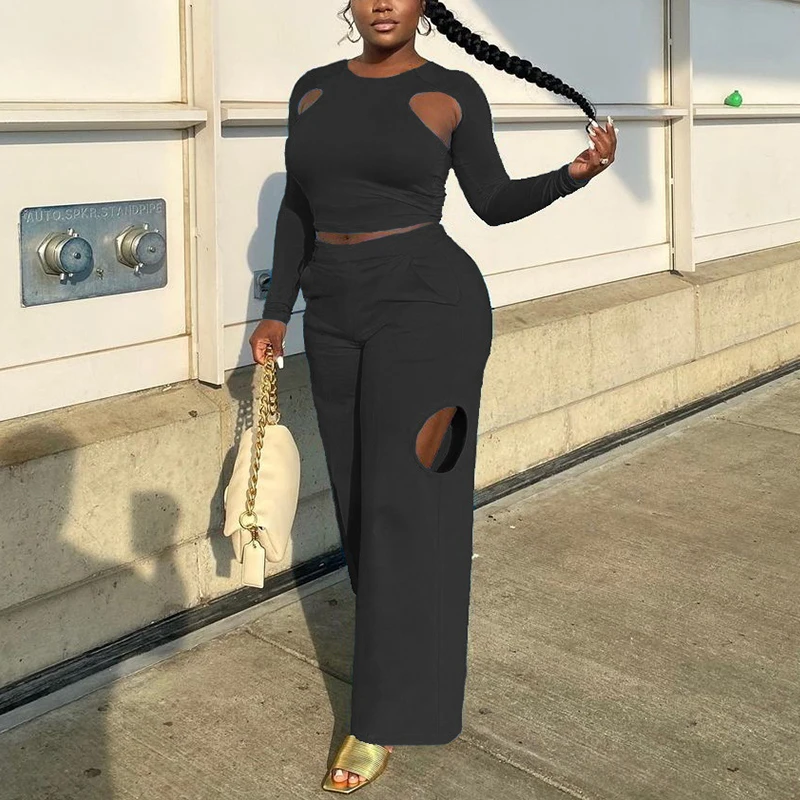 

Шикарные Осенние костюмы из двух предметов, укороченный Топ с длинным рукавом и свободные брюки