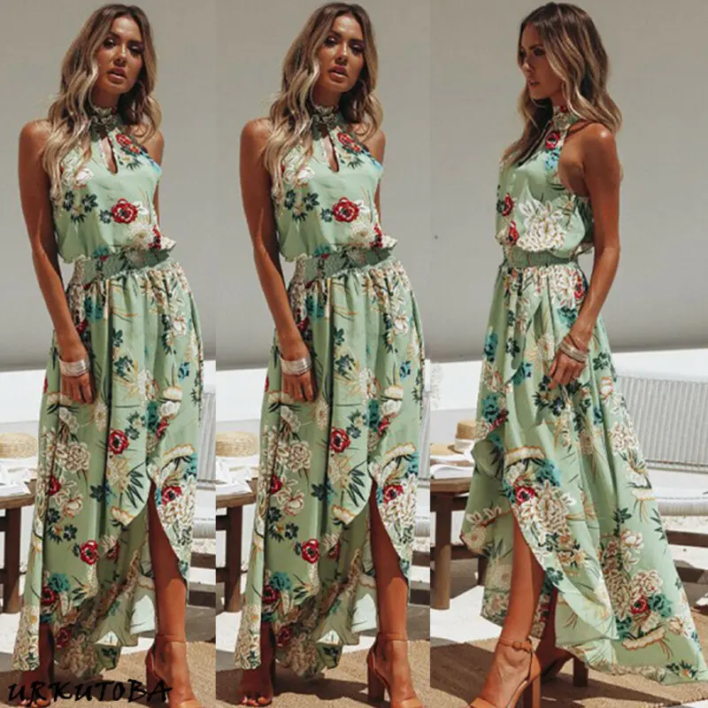 Женское длинное Макси платье Boho Летнее женское без рукавов Холтер зеленый белый