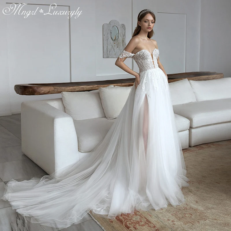 

Luxury A-Line Chiffon Wedding Dresses 3D Three-Dimensional Applique Beaded Backless Gowns Tube Top Sexy High Split Tailored