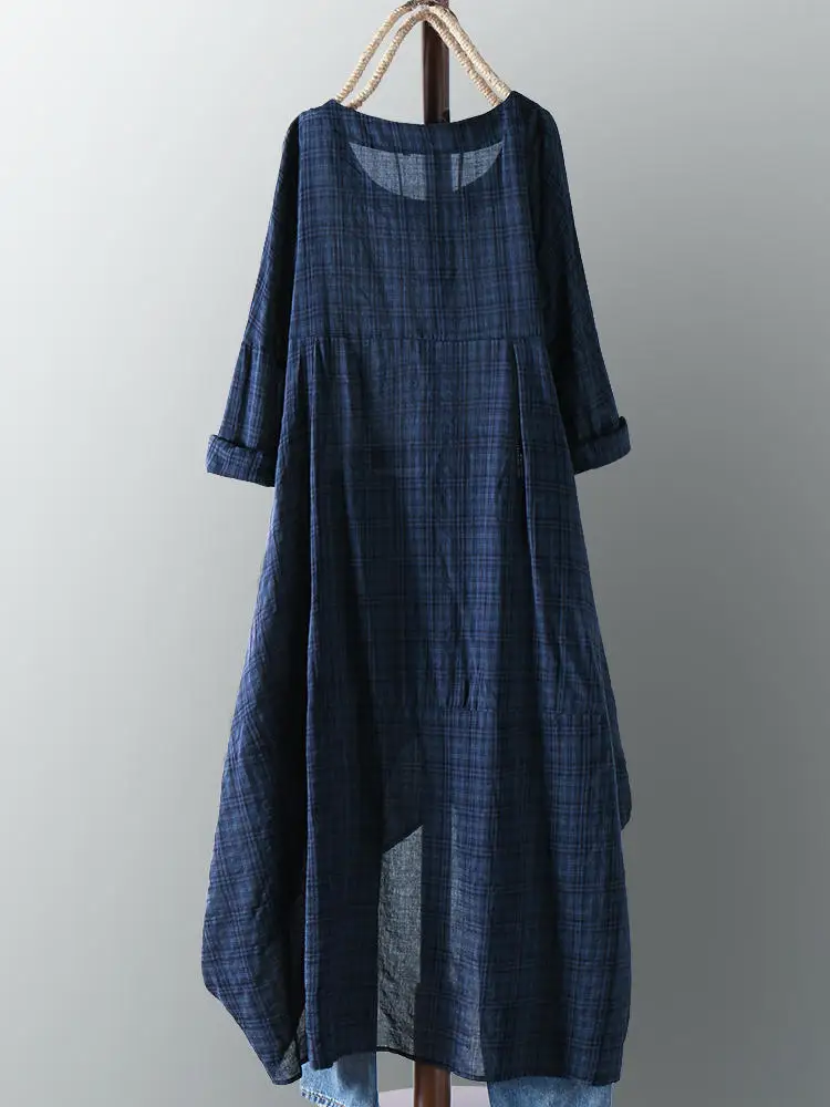 

Retro women's cotton pocket Plaid irregular hem long dress