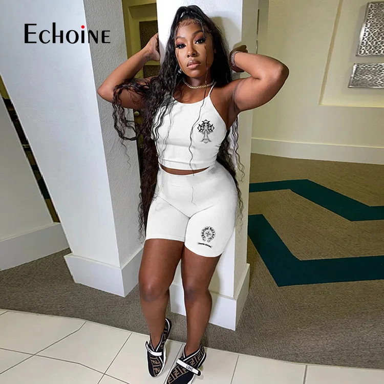 

Echoine Women Summer knitted Thread Print set sleeveless Crop Sling Top Strechy Shorts Sexy Two Piece Set Casual Party Outfits