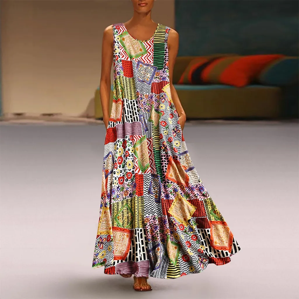 

free shipping lady Dresses for women casual 2021 summer new round neck Pullover sleeveless vest print Dress set vestido woman