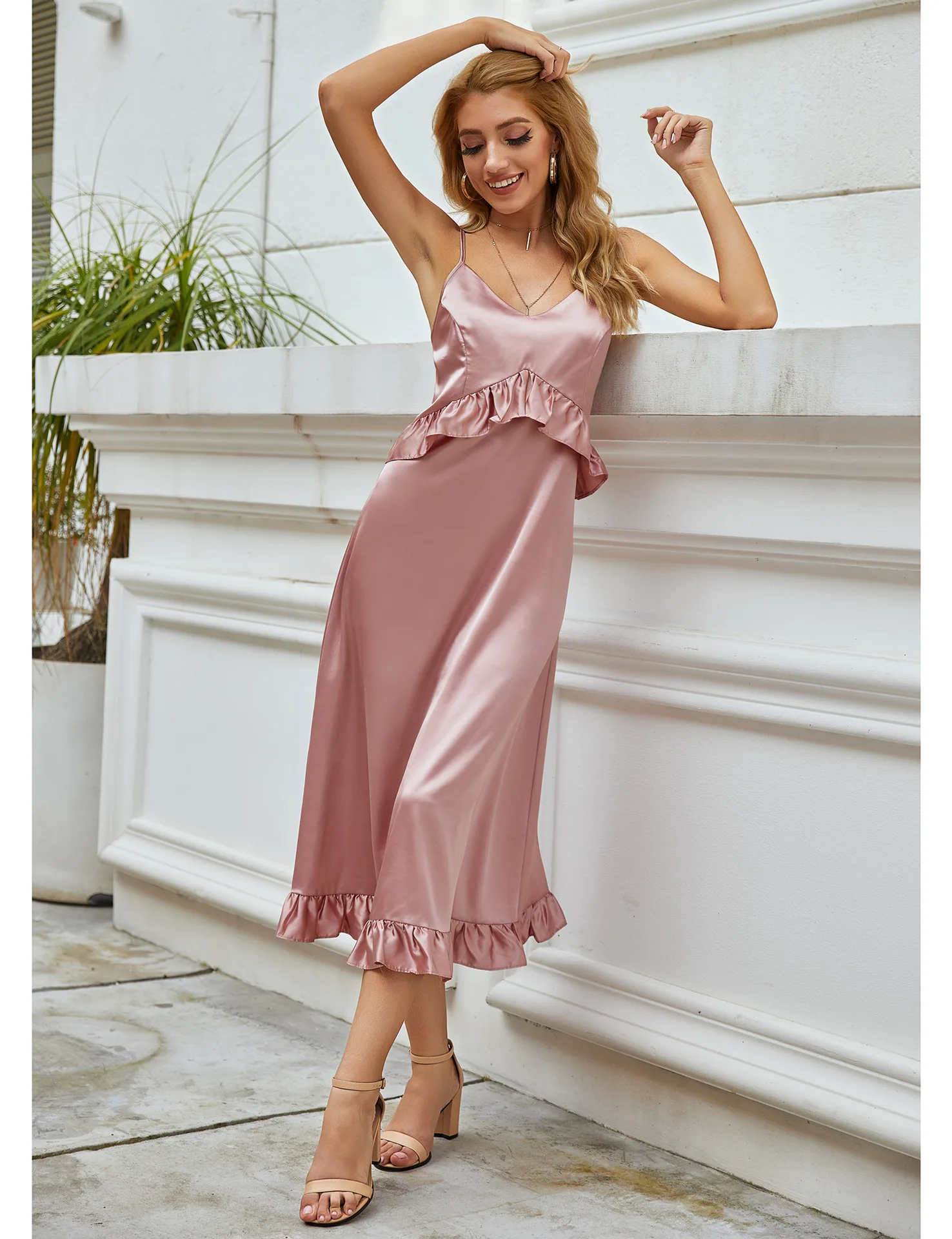 Spring Summer New Drawstring Women's Nightdress with Lotus Leaf and Sweet Wind Sleepwear Women Sexy Nightwear Nightgown
