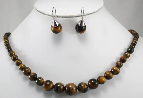 

wholesale noble 6-12mm 18" tiger eye jade necklace & stud earrings jewelry set