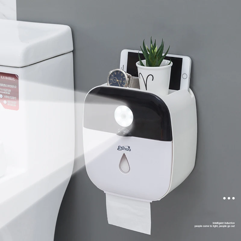 

Wall Mounted Waterproof Tissue Holder Box With Human Intelligent Sensor Lamp Bathroom Paper Towel Holder For Phone Storage Box