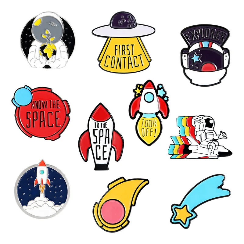 1 piece creative badge space astronaut enamel metal pin cartoon astronaut planet alien flying saucer brooch clothing decoration