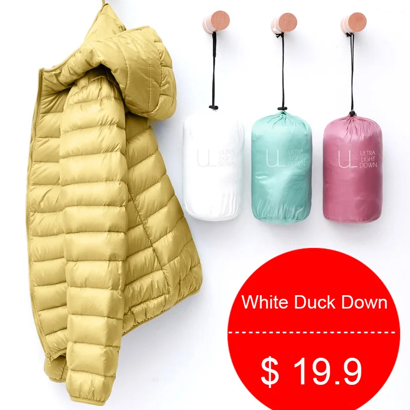 S-5XL New Women Lightweight Down Jacket 2021 Casual Fashion Stand Collar Hooded Solid Color Short Slim White Duck Down Coat
