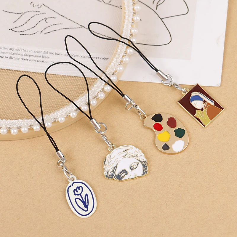 

New Metal Oil Painting Palette Flowers Phone Strap Keychains Lanyard Bag Decor