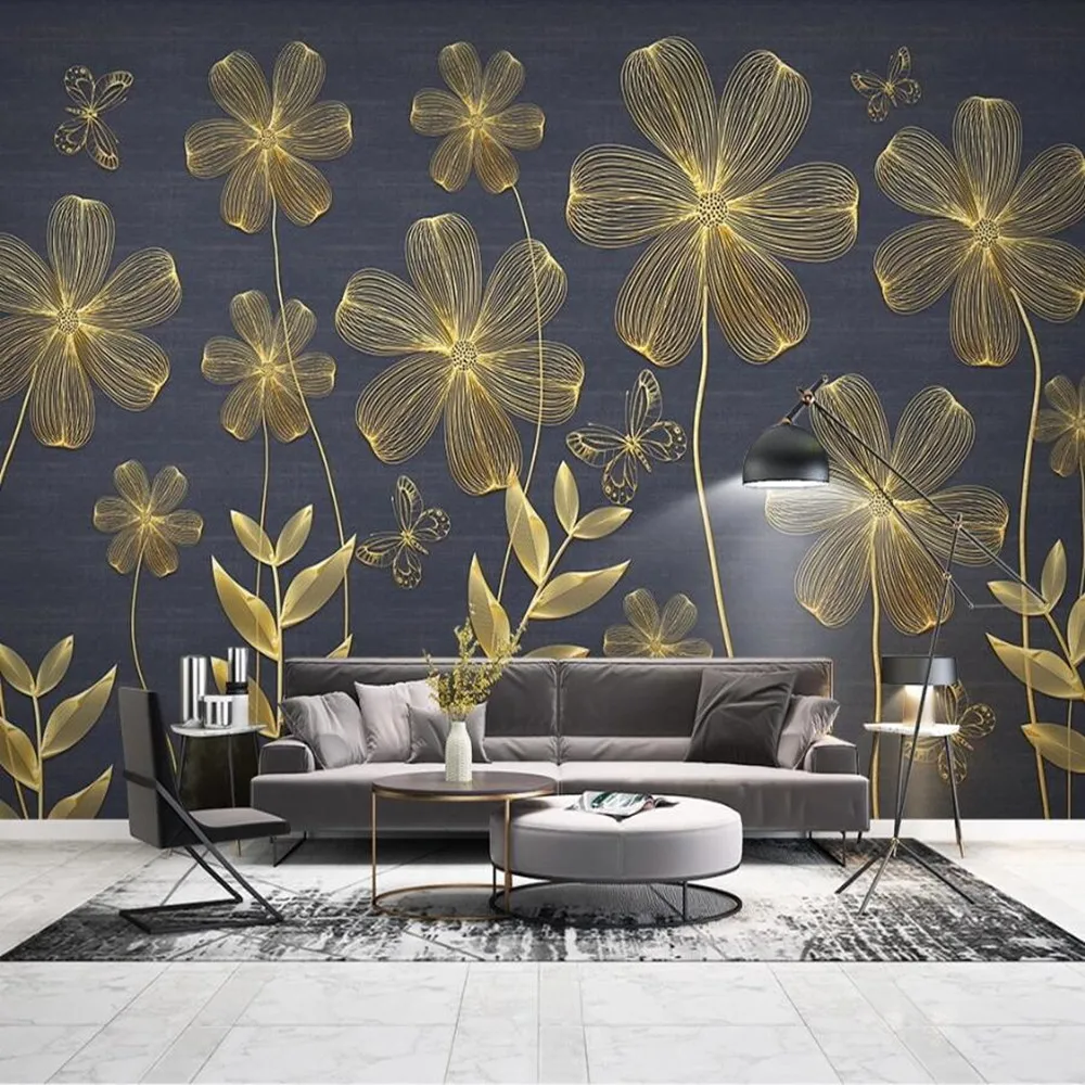 

Milofi custom large wallpaper mural 3D golden embossed lines flower Nordic minimalist background wallpaper mural