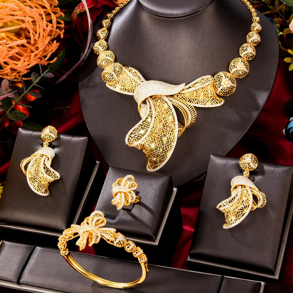 

SisCathy Arab Dubai Women Bridal Wedding Jewelry Set Full Cubic Zirconia Gold Color Collar Earrings Bracelet Rings Accessories