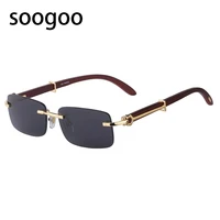 natural wooden rimless sunglasses men 2022 luxury brand designer retro classic rectangle frameless sun glasses for male uv400