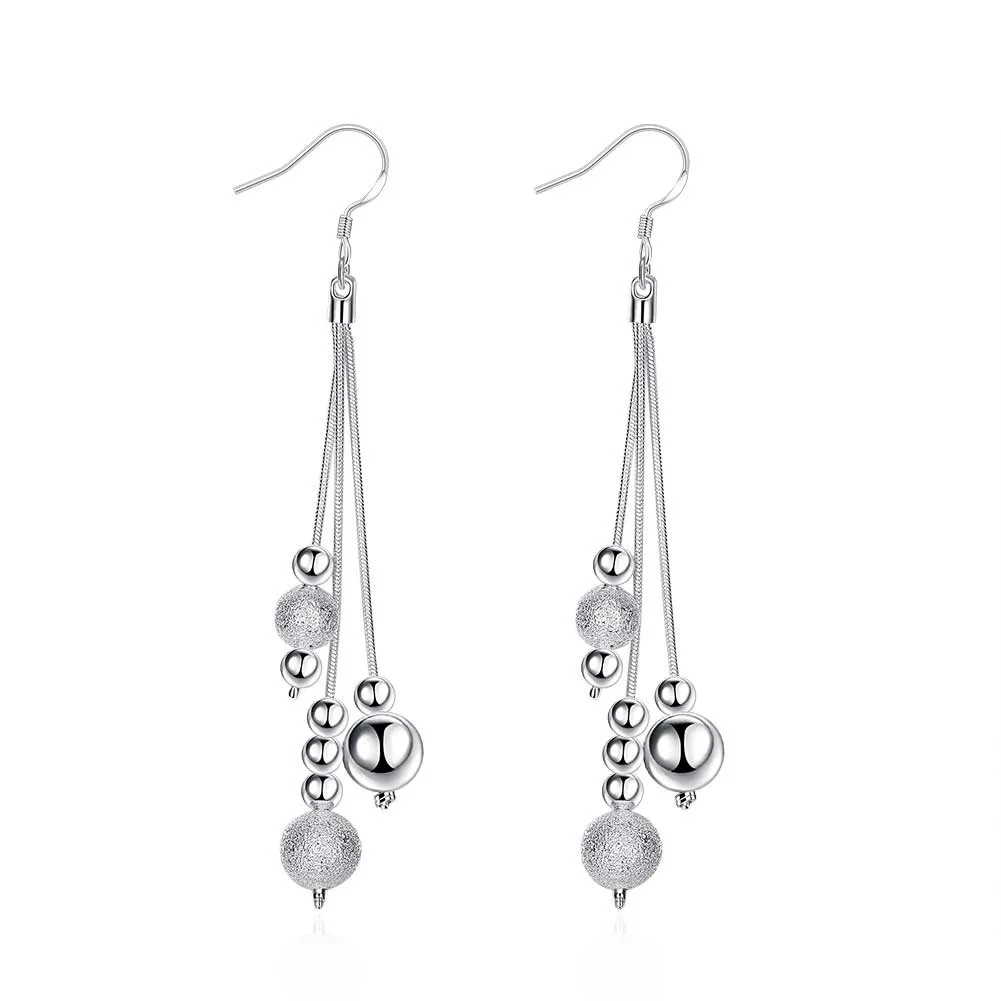 

Frosted Bead Tassel Earrings Long Silver Plated Drop Earrings For Women Earing Jewelry Earring Three-line Multi-bead Earings