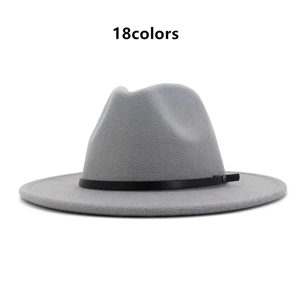 

Wide Brim Black Belt Church Derby Top Hat Panama Solid Color Felt Fedoras Hat for Men Women artificial wool British style Trilby