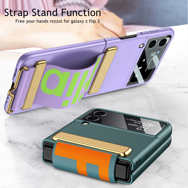 Case For Samsung Galaxy Z Flip 3 Case With Hand Strap Wristband Ultra Thin Hard Plastic Cover with Lens Protection Glass