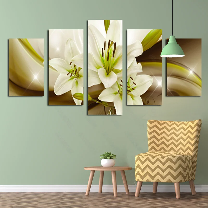 

Modern Style Canvas Material Decoration Pink Lily Green Stamens and Brown Iron Pattern Background Poster Living Room Furniture