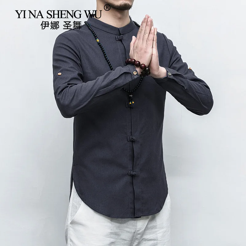 

Рубашка Tang мужская с длинными рукавами, хлопково-Льняная сорочка для отдыха, с большими дисковыми пуговицами, в китайском стиле, весна-лето 2021