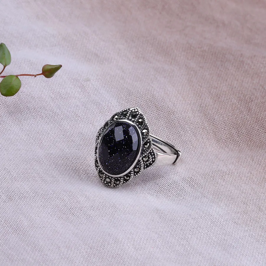 

Luxury Female Blue Sand Oval Ring Classic Real 100% 925 Sterling Silver Wedding Rings For Women Vintage Open Engagement Ring