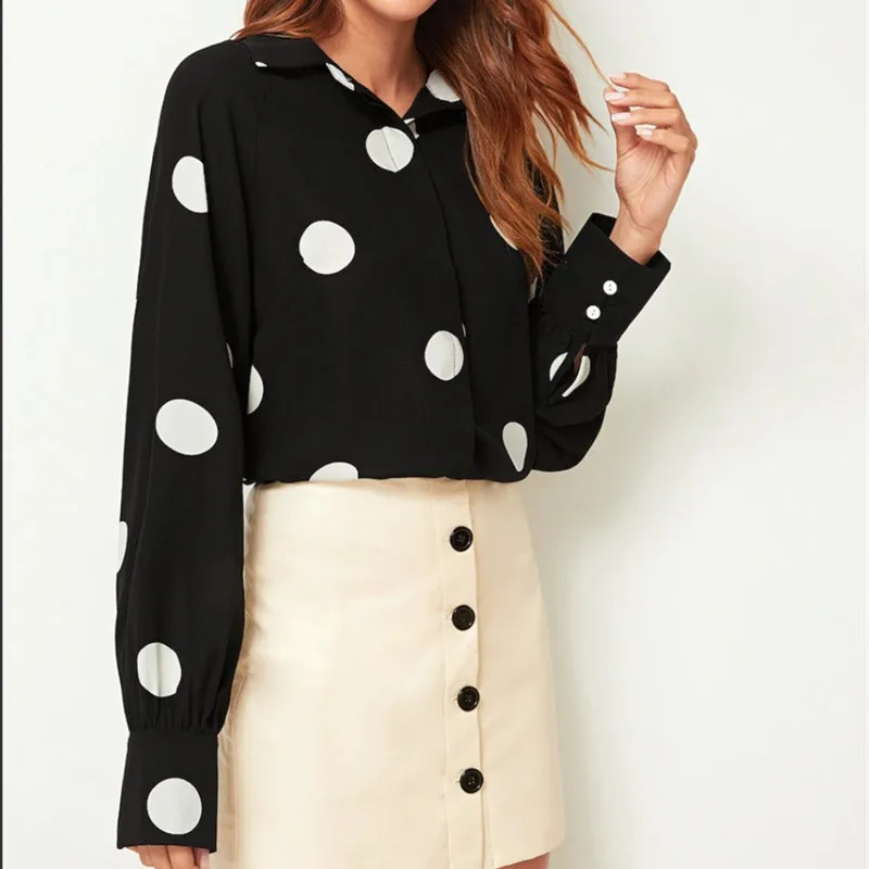 

Women Tops 2019 Blouse Vintage Women Long Sleeve Shirts Fashion Casual Dot Blouse Women Black