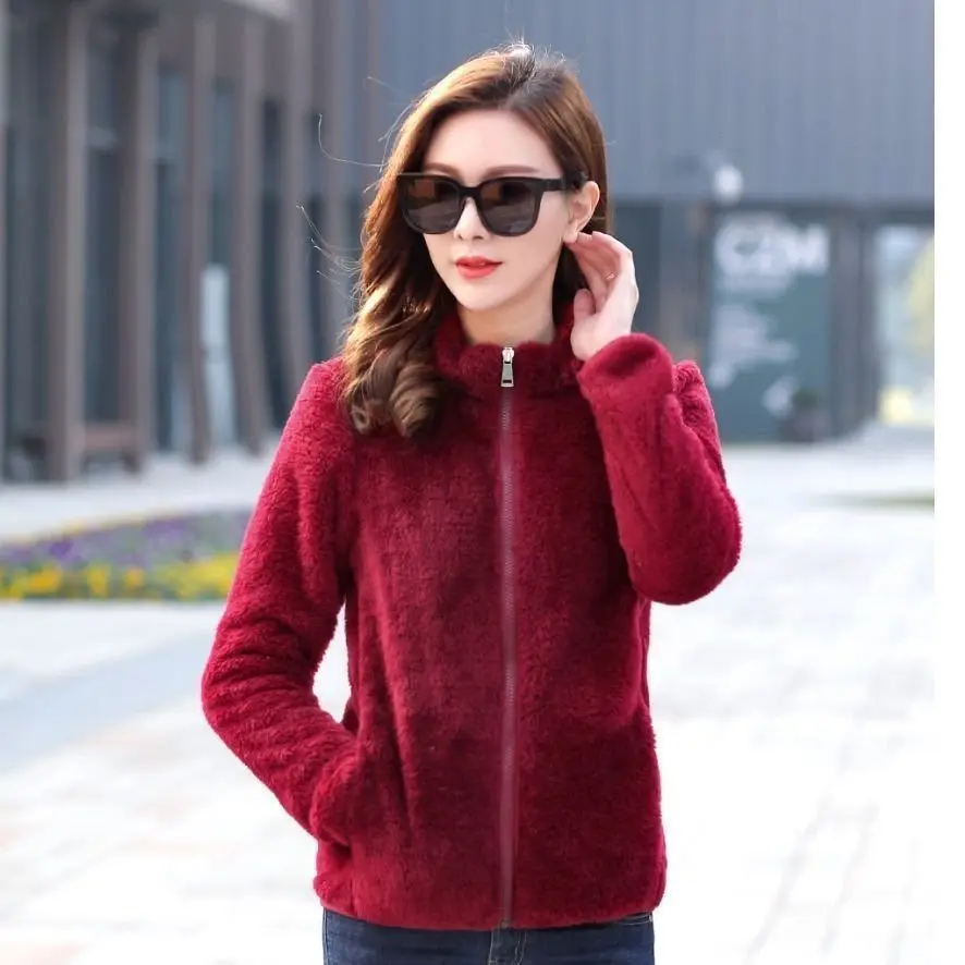 

Double sided fleece coat women's short large coral fleece autumn and winter thickened Warm Fleece Jacket Women's sweater