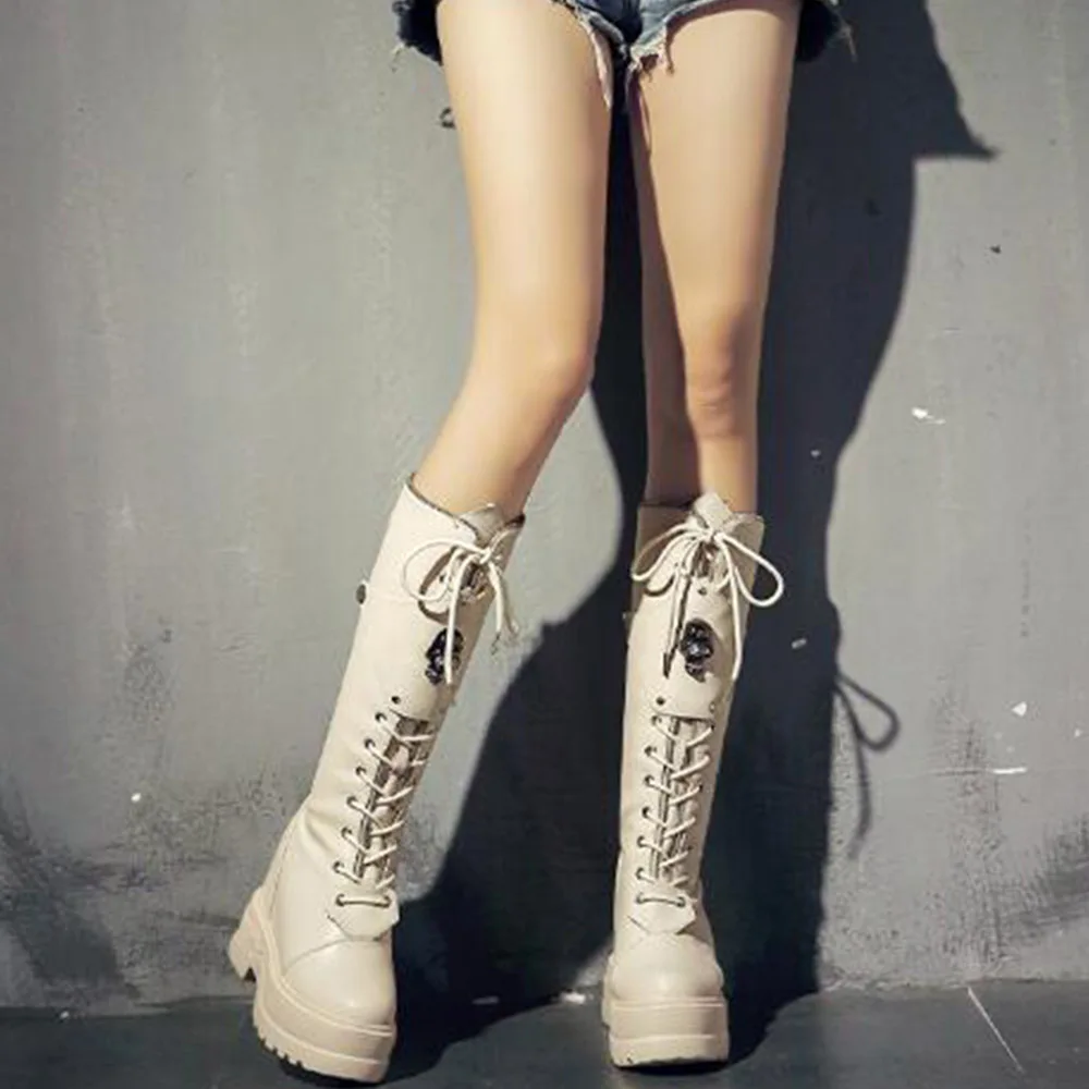 Высокие сапоги до бедра женские винтажные колена на танкетке мотоциклетные с