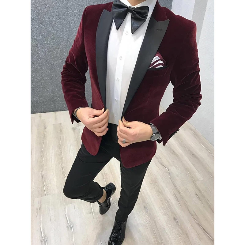 

Burgundy Velvet Blazer Jacket Peak Lapel Button Fly Mens Prom Suit Two Pieces Soft High Quality Fashion Tuxedos Wear 2020