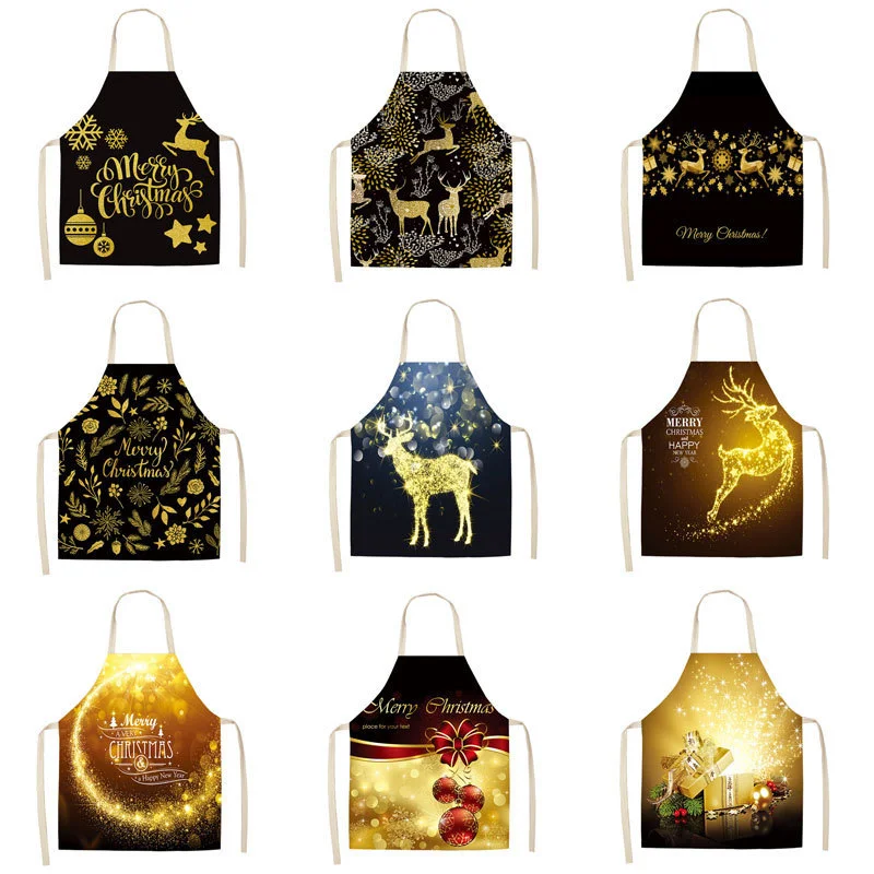 

2022 Christmas Golden Black Gift Pattern Cleaning Aprons Home Cooking Kitchen Apron Cook Wear Cotton Linen Adult Bibs Xmas Noel