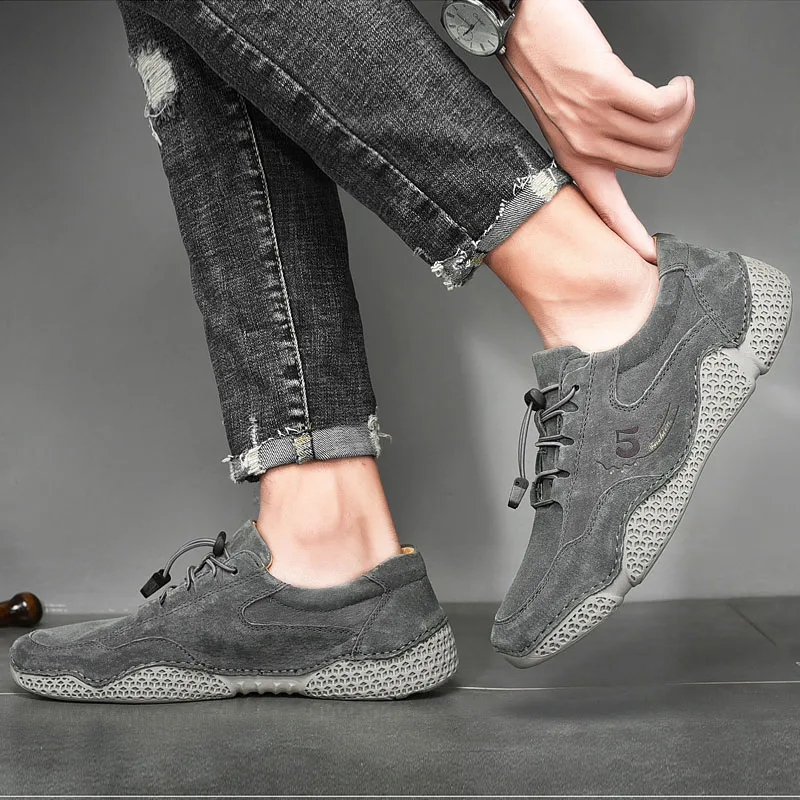 Мужские кожаные кроссовки на резиновой подошве с нескользящей подошвой в стиле