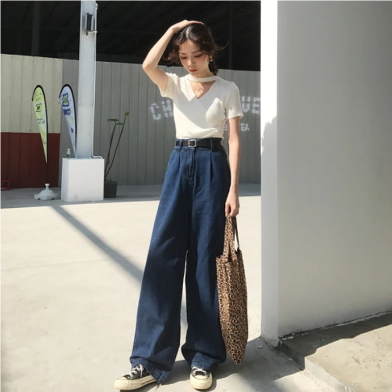 Женские свободные джинсовые брюки с широкими штанинами длинные высокой талией в