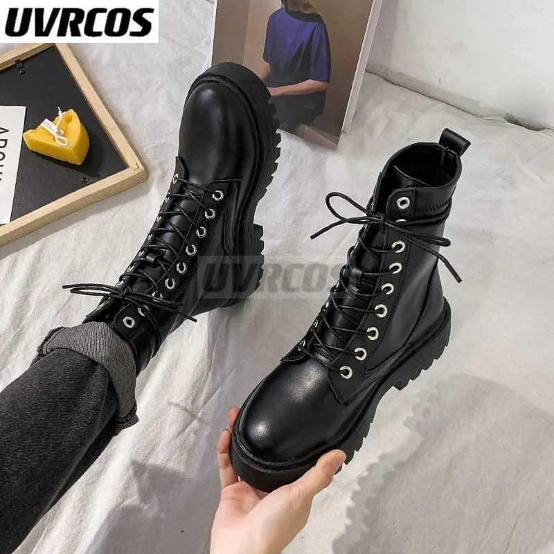 

2022 White Black PU Leather Ankle Boots Women Autumn Winter Round Toe Lace Up Shoes Woman Fashion Motorcycle Platform Botas