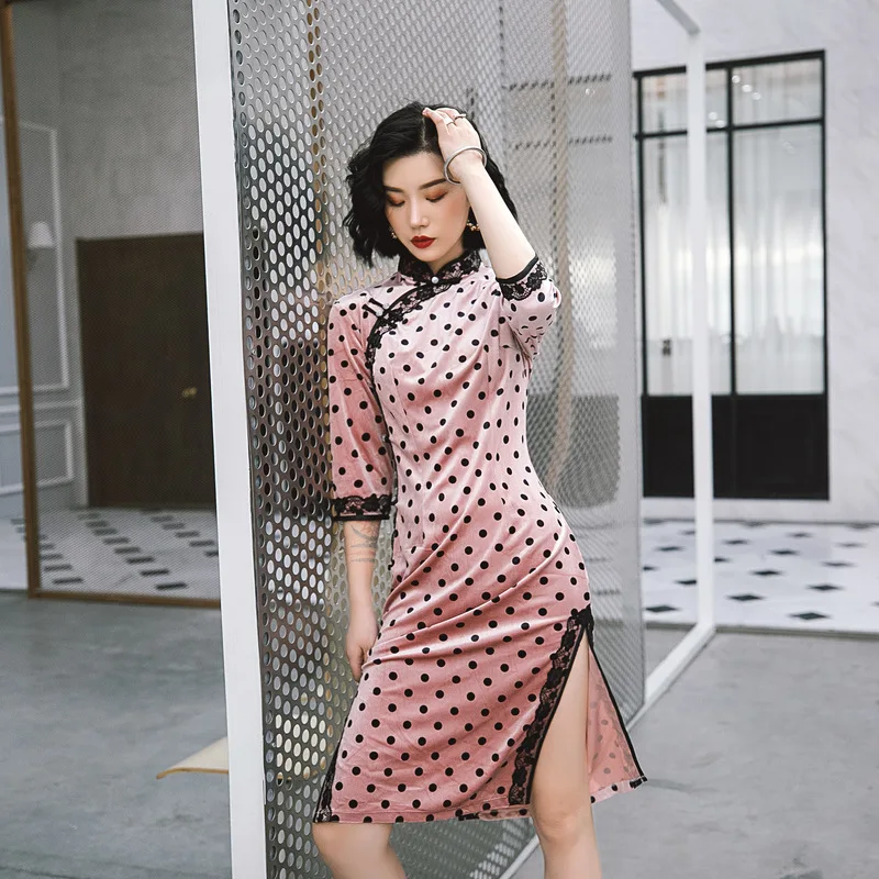 Женское бархатное платье-Ципао элегантное приталенное платье в китайском