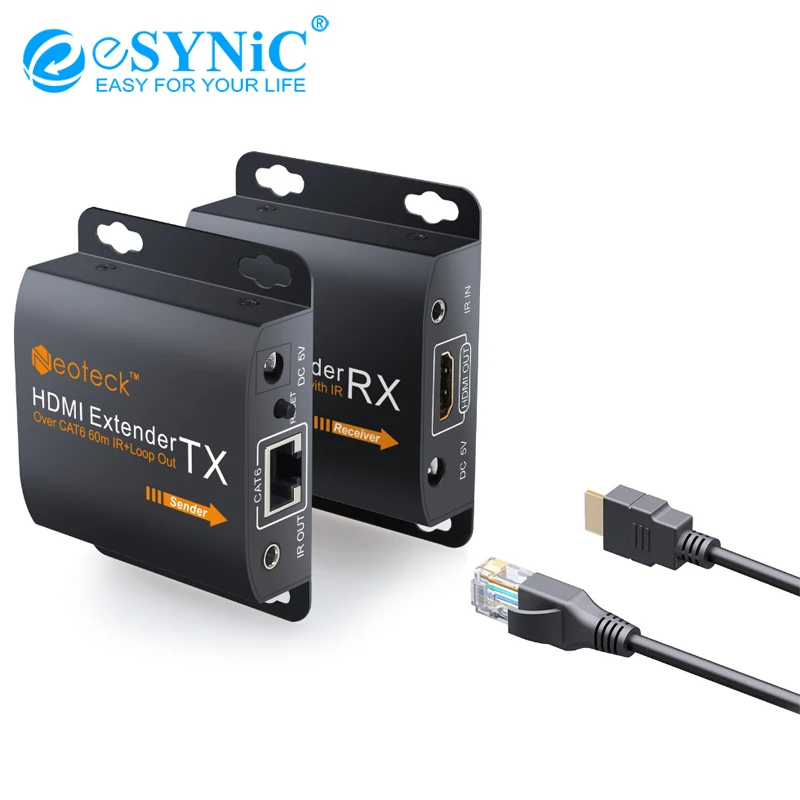 

eSYNiC HDMI Extender With 2 Ports HDMI Splitter Support 1080p CAT6/CAT7 Extend 60m RJ45 Transmitter TX/RX With IR Remote Cable