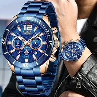 reloj hombre 2022 lige fashion blue mens watches top brand luxury quartz watch for men all steel sport waterproof chronograph