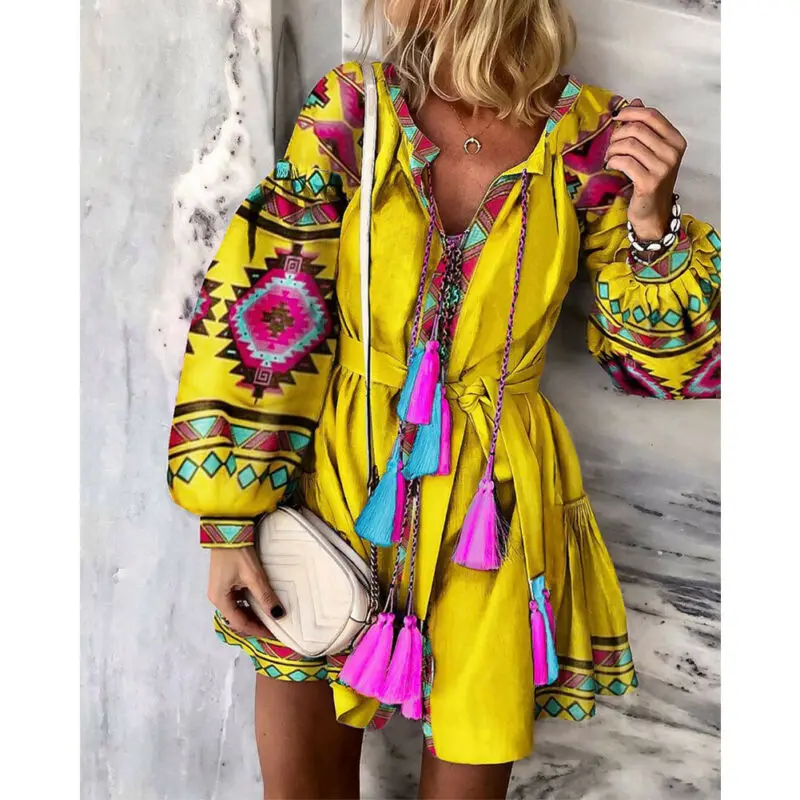 Women Boho Floral Long Sleeve Short Dress Ladies V Neck Holiday Beach Party Vintage Mini Casual Clothes | Женская одежда