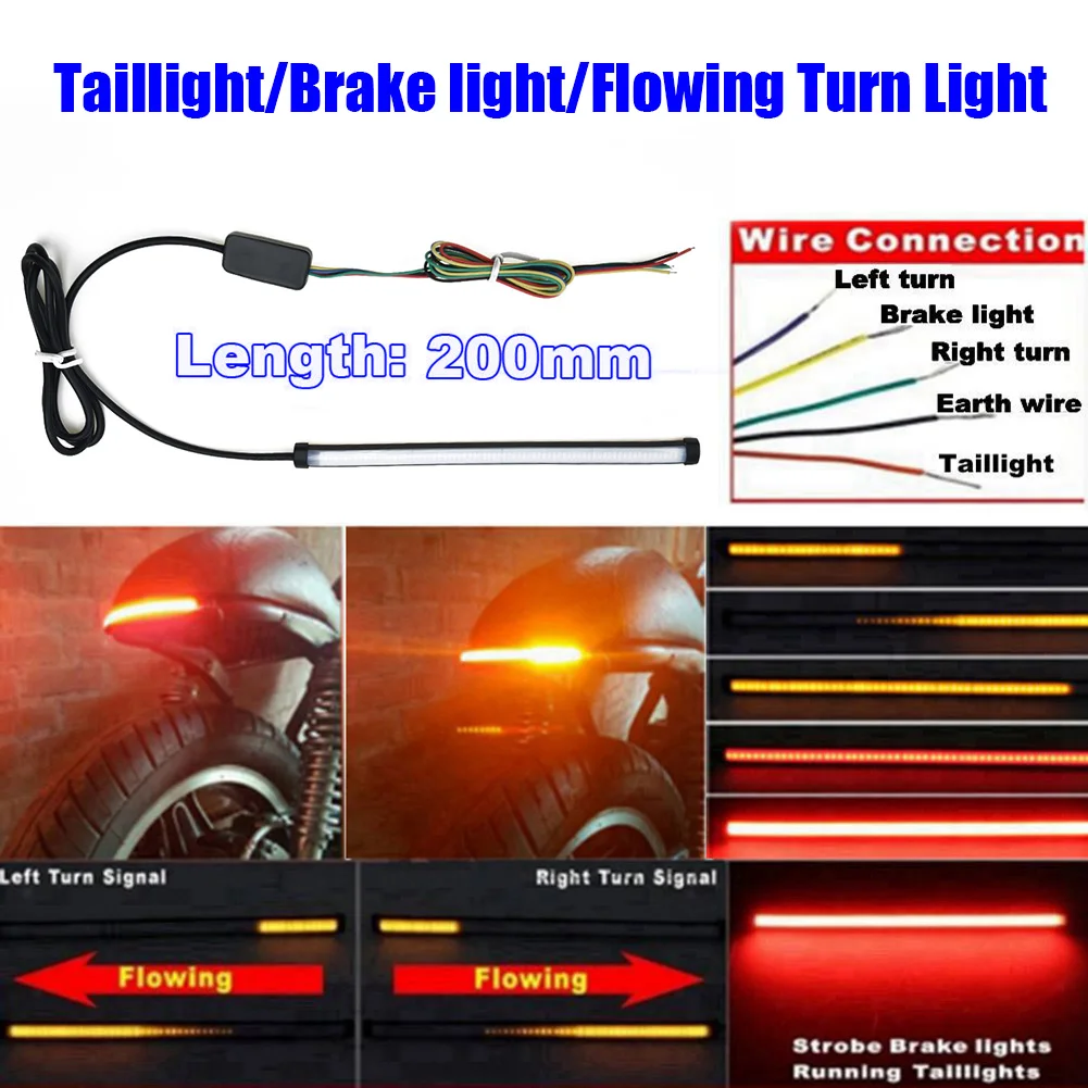 20cm Motorcycle Red Amber Flowing LED Light Strip Bar 12V 24V Tail Brake Turn Signal Strip Lights Parts For Truck Car