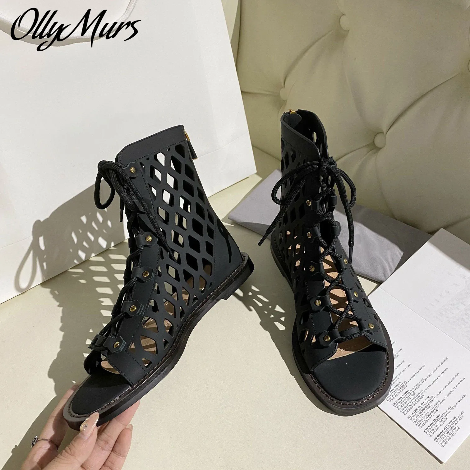 

Prowow New Genuine Leather Rome Gladiator Cutout Lace Up Sandals Open Toe Flats Brand Designer Shoes Women