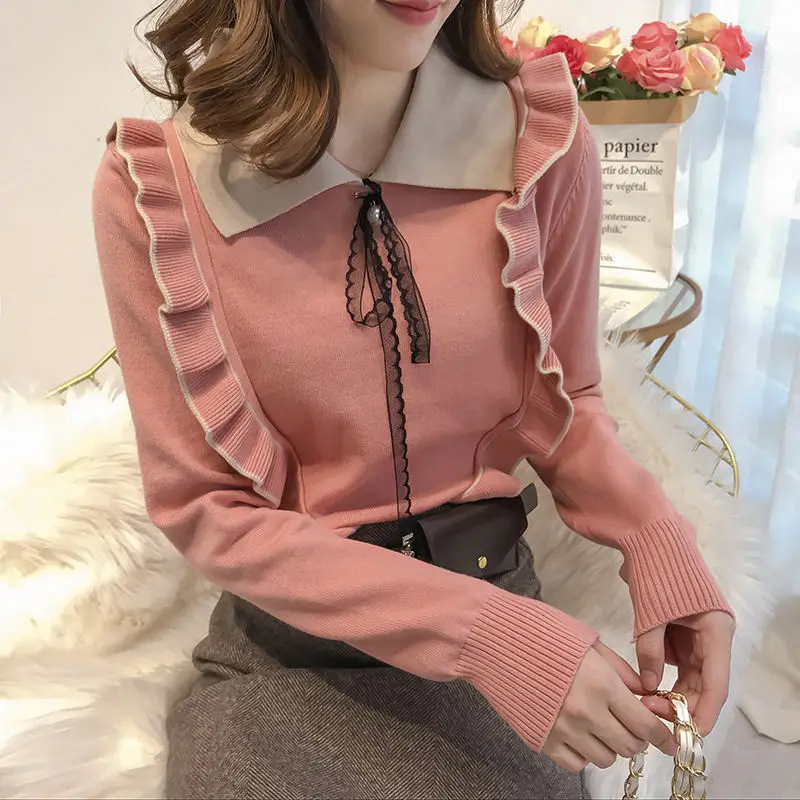 

2020 Women Vintage Elegant Autumn Winter knitted Sweet Sweater Pullovers Female Knitted Lace Ruffles Shirts Lady knitting Shirt
