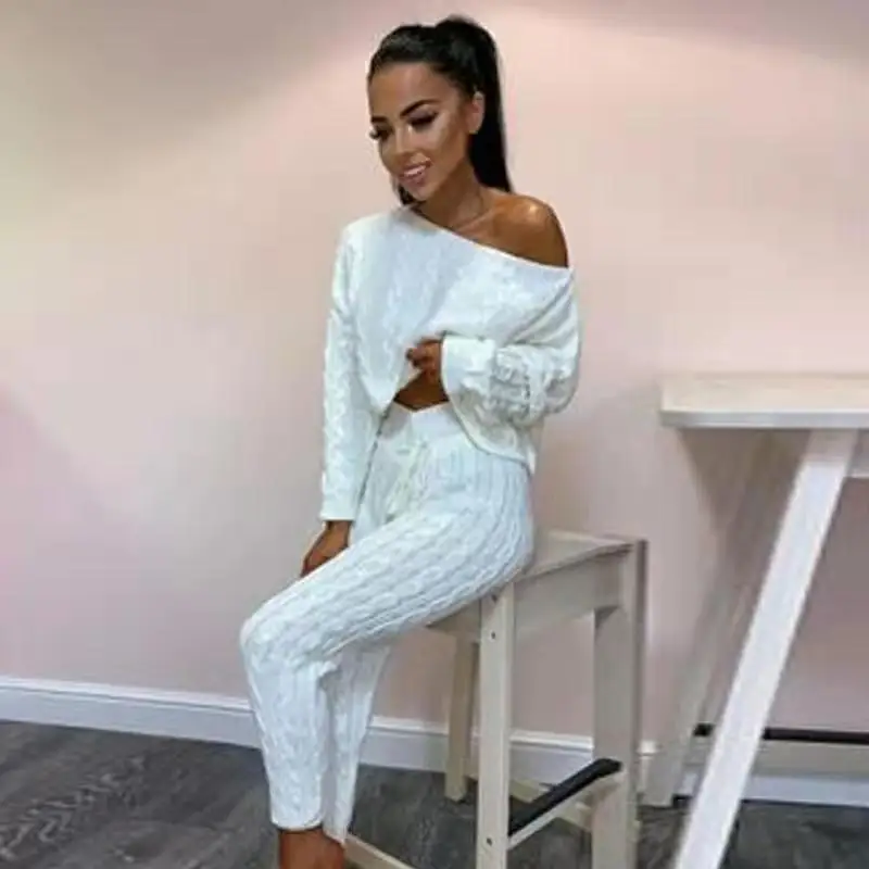 

Sexy Two Piece Sets Knitted Short Top And Pants Pullover Long Sleeve Autumn 2 Piece Suit Solid Women Outfits Casual