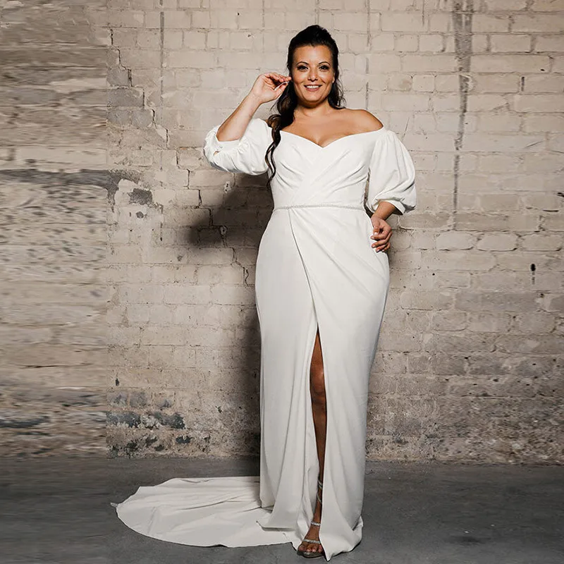 Plus Size Wedding Dresses Off The Shoulder Front Split Short Puffy Sleeves Beach Bridal Gowns Back Button Country Style Dress