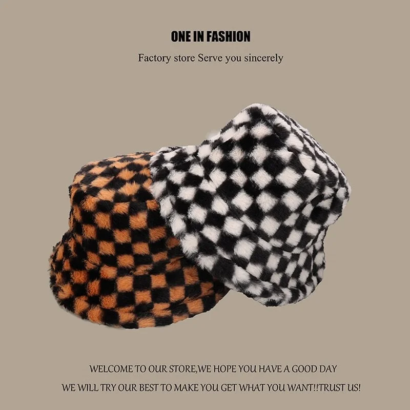 

Women Hats Female 2021 New Winter Thick Warm Cow Velvet Fishing Caps Gorro Beanie Ladies Black White Plaid Bucket Hats