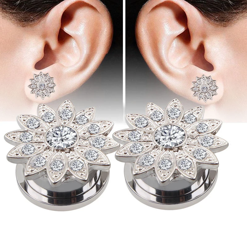 1 пара затычки и туннели солнечные цветы нержавеющая сталь циркон кристалл