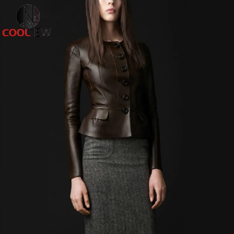 

Spring Sheepskin Genuine Leather Women Leather Jacket Coat Black Brown Clothing Female Sexy OL Slim Button Ruffles Short Jacket