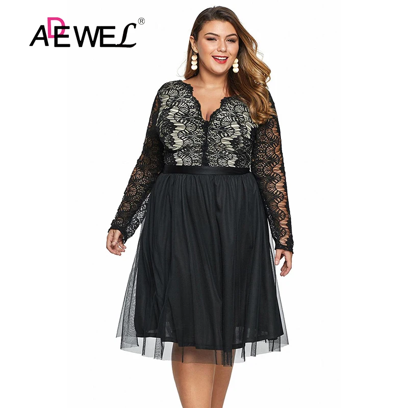 

ADEWEL Sexy Black Plus Size Lace Dress Scalloped Neck Tulle Midi Vestidos De Fiesta De Noche Dress Women Vestido De Festa 5XL