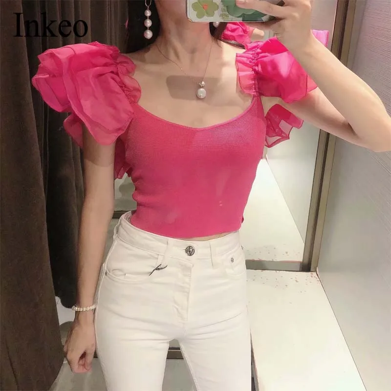 

Pink Women Sexy Organza Knitted tops Bow Square collar Sleeveless Female crop tops Sweater 2020 Ruffles Party Tops INKEO 9T162