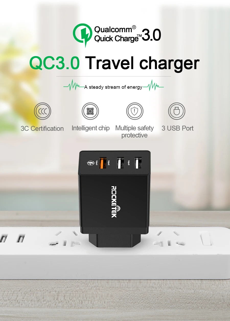 Быстрое зарядное устройство Rocketek 3 USB зарядка 30 Вт QC3.0 2.4A QC Быстрая зарядка мобильного телефона зарядное устройство для iPhone samsung Xiaomi huawei lg