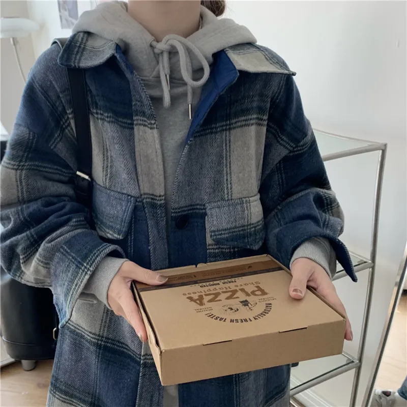 

Women Winter Woolen Coats 2021 Female Plaid Print Retro Warm Long Jacket Outercoats Korean Style Outwear