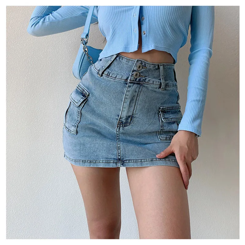 

High Waist Slim Denim Skirt Female Side Pocket Stretch Tight-fitting Hip Mini Skirt Retro Fashion Design Sense Tooling Skirt