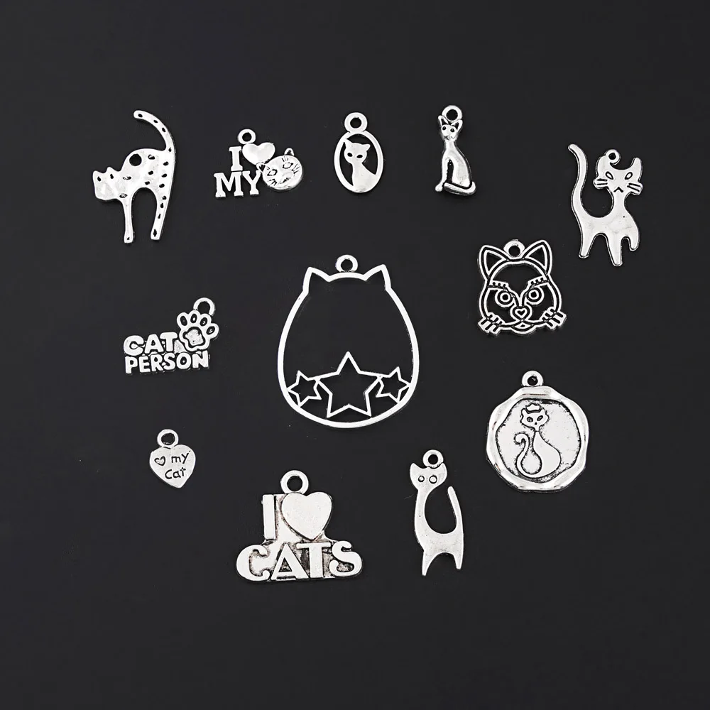 

12pcs Mix Charms Animals Cat Silver Color Pendant For Making Necklace Bracelet Jewelry Supplies