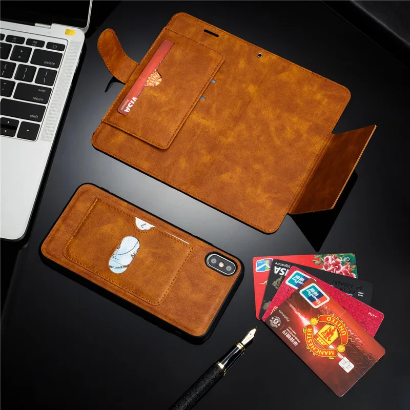 Ретро PU кожаный чехол для iPhone 7 6 6S 8 Plus чехол iPhone X XS Max XR Чехол Съемный 2 в 1 визитница для телефона - Цвет: brown